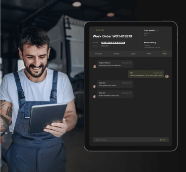 Truck mechanic chatting in the work order management system