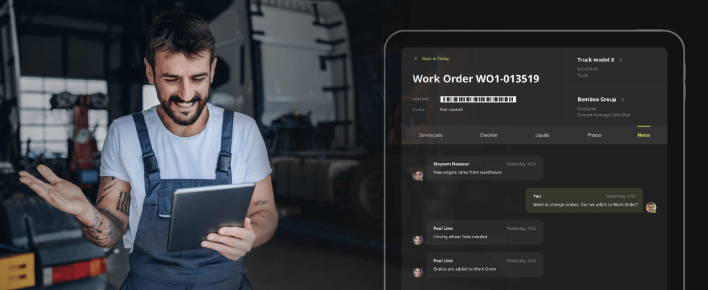 Truck mechanic chatting in the work order management system